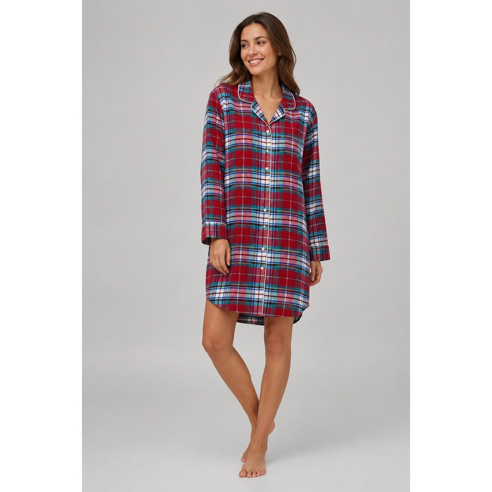 Lands End Womens 2X Red‎ Plaid Flannel Nightgown Button Front Flannel Cotton